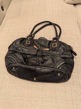 BCBGMAXAZRIA Black Leather Satchel Handbag Gold Hardware Y2K